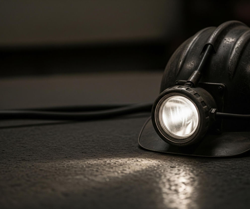Ciemnoszary kask z wbudowaną lampą leży na chropowatej powierzchni, zajmując prawą połowę kadru. Lampa, umieszczona z przodu kasku, świeci jasnym, białym światłem, które oświetla przestrzeń bezpośrednio przed nią. Powierzchnia kasku jest matowa i posiada widoczne zarysowania oraz przetarcia, szczególnie w okolicach daszka i na górnej części. Z lewej strony kasku widać fragment ciemnego kabla, który biegnie w głąb obrazu. Tło jest rozmyte i ciemne, dominują na nim odcienie szarości i czerni, co kontrastuje z jasnym światłem lampy.