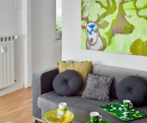 Szara sofa i kolorowe dodatki