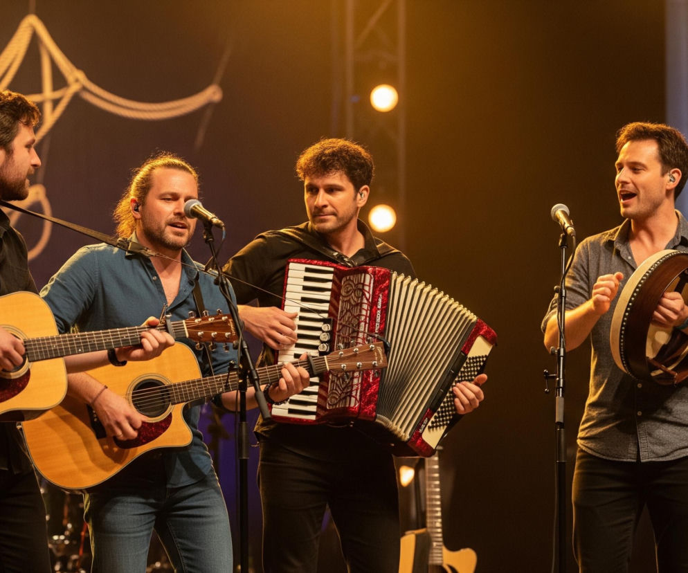 Grupa pięciu mężczyzn gra na instrumentach na scenie, oświetlonej ciepłym, żółtym światłem. Trzej z nich, znajdujący się w centrum, śpiewają do mikrofonów: lewy z gitarą akustyczną, środkowy z akordeonem, a prawy z tamburynem w dłoniach. Dwaj pozostali mężczyźni grają odpowiednio na gitarze akustycznej po lewej stronie i gitarze elektrycznej po prawej stronie sceny, nie śpiewając. Tło jest ciemne z niewyraźnymi, świetlistymi konturami przypominającymi liny lub wzory, a także widoczne są rozmyte punkty świetlne z reflektorów.