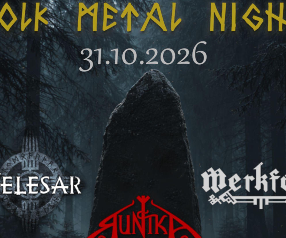Plakat Folk Metal Night z logotypami zespołów Velesar, Runika i Merkfolk na tle lasu. Szczegóły koncertu w EskaRock.