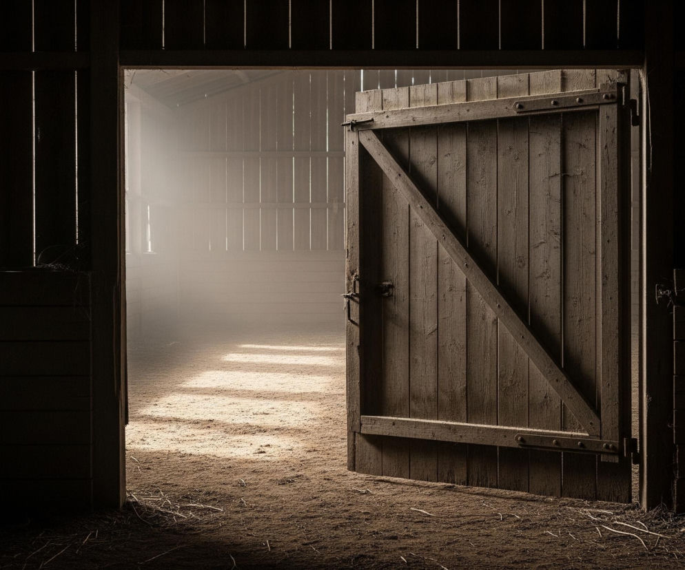 Otworzone, drewniane wrota stodoły dominują centralną część obrazu, lekko uchylone w prawo, ukazując wnętrze silnie oświetlone promieniami słońca. Wrota, wykonane z ciemnobrązowych desek, są wzmocnione ukośną belką i metalowymi okuciami, a ich dolna krawędź unosi się nieco nad ziemią, rzucając cień na piaszczyste podłoże. Po lewej stronie widać ciemne, pionowe deski ściany stodoły z poziomymi szczelinami, przez które przenika słabe światło, a na dole leży rozsypana słoma. Wnętrze stodoły jest rozświetlone przez pasma światła wpadające przez szpary, tworząc jasne plamy na piaszczystej podłodze, podczas gdy reszta wnętrza pozostaje w półmroku, co kontrastuje z ciemnym, niemal czarnym pierwszym planem.