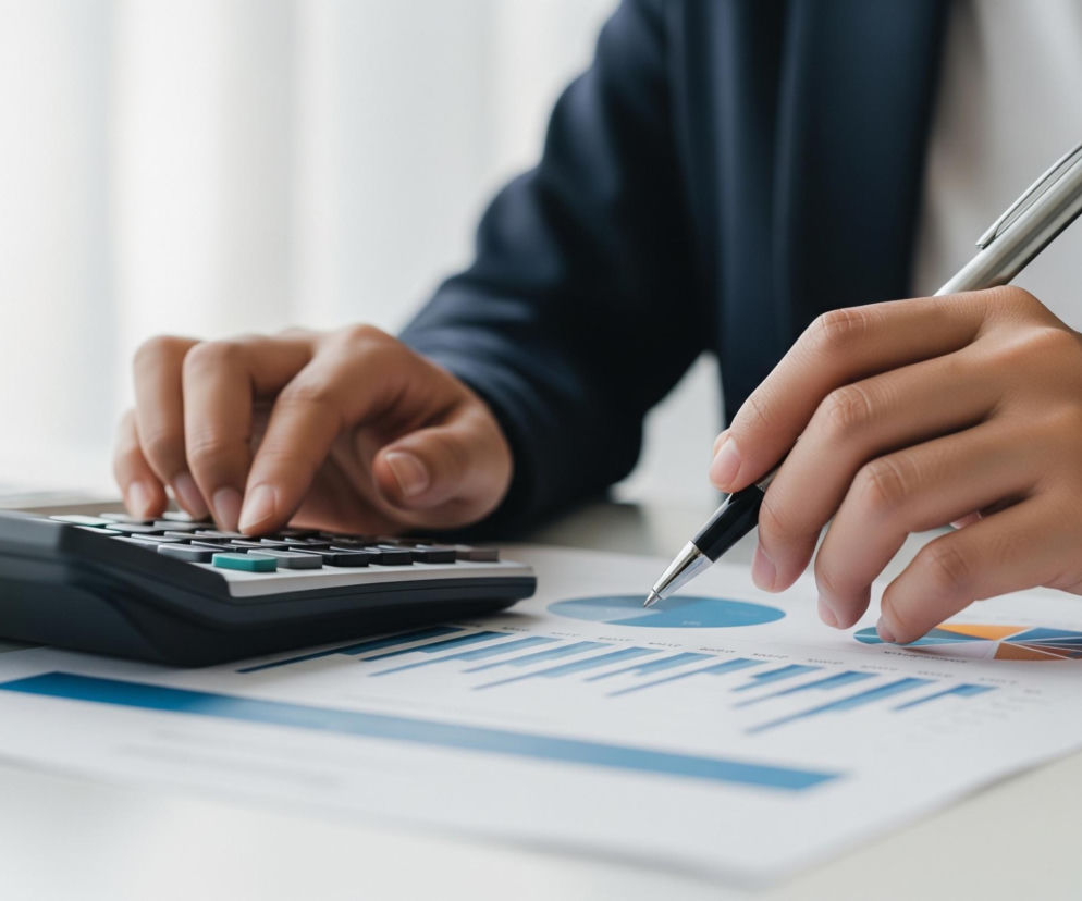 Dłonie osoby w granatowej marynarce i białej koszuli skupiają się na arkuszu papieru z wykresami oraz na kalkulatorze. Lewa dłoń naciska klawisze ciemnego kalkulatora, który ma białe i turkusowe przyciski. Prawa dłoń trzyma srebrno-czarny długopis, wskazując nim na wykres kołowy, znajdujący się na białym arkuszu obok wykresu słupkowego w odcieniach błękitu. Tło jest jasne i rozmyte, sugerując wewnętrzne pomieszczenie.