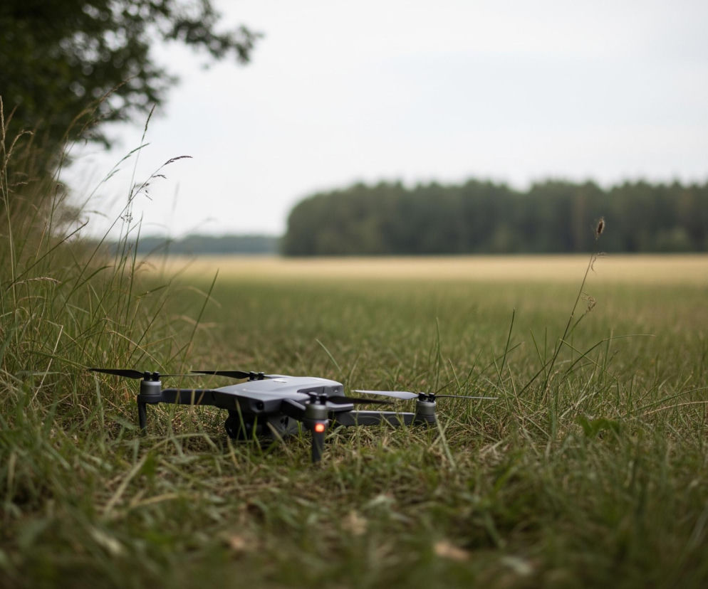 Czarny dron z czterema śmigłami leży na zielonej trawie. Na jego prawej, przedniej nodze widać świecące na czerwono światło, a na lewej, przedniej nodze niebieskie. W tle, za dronem i polem trawy, rozciąga się pas ciemnozielonych drzew, a ponad nim widoczne jest jasne, zachmurzone niebo.