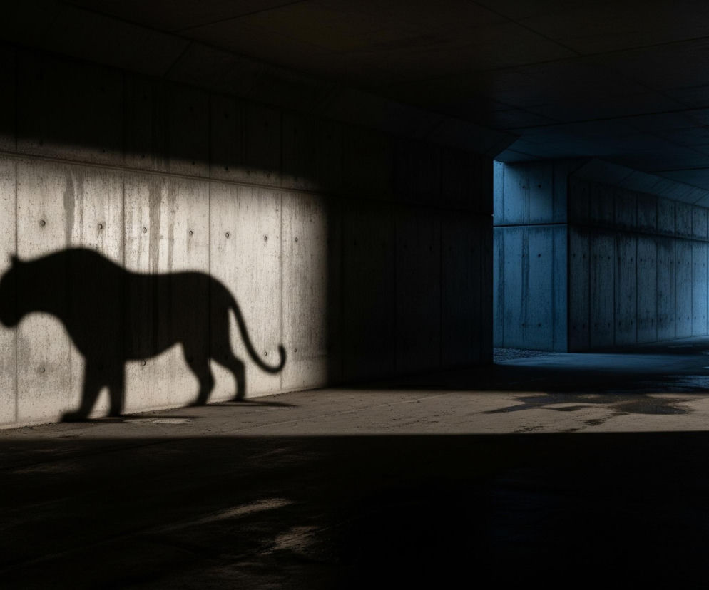 Ciemny, betonowy tunel oświetlony jest pojedynczym, jasnym snopem światła, który pada na lewą ścianę, tworząc wyraźny, ciemny cień pantery lub lamparta. Sylwetka zwierzęcia, zwrócona w lewo, z podniesionym ogonem, wydaje się kroczyć wzdłuż ściany. Reszta tunelu pozostaje w głębokim cieniu, z wyjątkiem odległego końca, gdzie widać niebieskawe światło z zewnątrz i kałuże na podłodze.