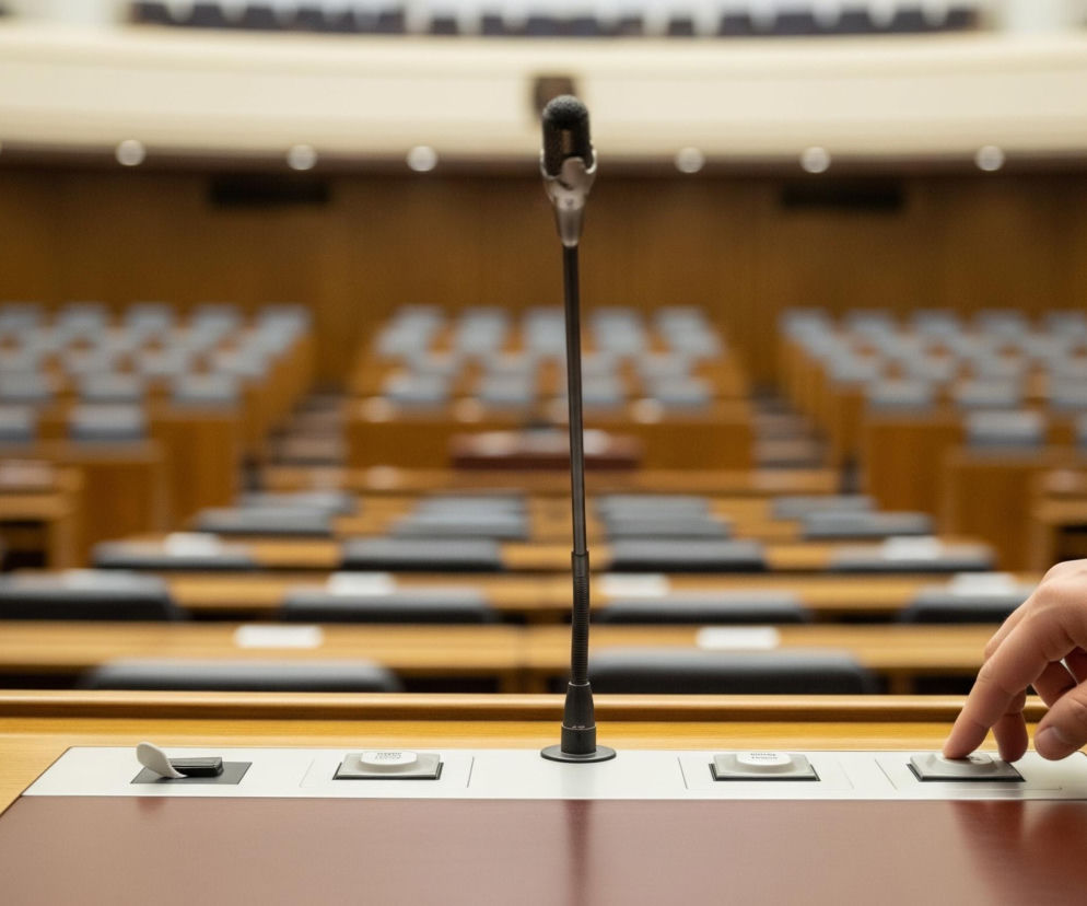 Prawa ręka osoby w ciemnej marynarce z białą koszulą naciska przycisk na panelu sterowania wbudowanym w drewniany blat. Na blacie znajduje się również mikrofon na długiej, elastycznej nóżce, a w tle rozciąga się puste audytorium z rzędami drewnianych biurek i ciemnych krzeseł. Jasne oświetlenie sufitowe oraz drewniane panele ścienne dominują w kolorystyce pomieszczenia.