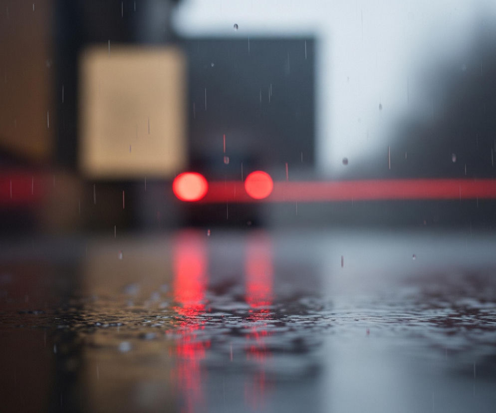 Deszcz pada na mokrą powierzchnię, prawdopodobnie drogę lub chodnik, która odbija jaskrawe, czerwone światła z tyłu. Dwa główne czerwone punkty, prawdopodobnie światła stopu pojazdu, są widoczne w głębi obrazu, tworząc długie, rozmyte smugi światła na mokrej nawierzchni. Tło jest zamglone i ciemne, z niewyraźnymi konturami budynków lub drzew, oraz bladym, prostokątnym kształtem po lewej stronie. Białe, pionowe linie deszczu przecinają całą kompozycję.