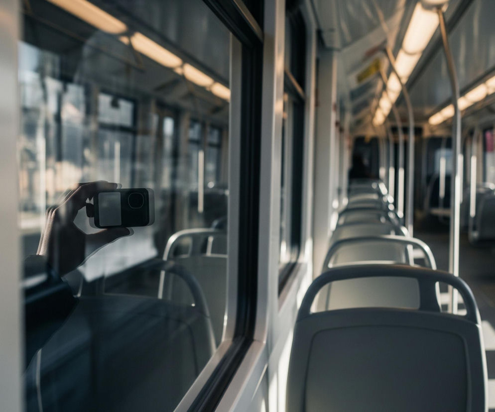 Wnętrze wagonu pociągu, metra lub tramwaju, przedstawione jest z perspektywy pasażera. Po lewej stronie, w odbiciu szyby, widoczna jest ręka osoby trzymającej czarną, prostokątną kamerę. Rzędy szarych foteli ciągną się w głąb kadru, tworząc długi korytarz. Sufit jest jasny, wyposażony w podłużne, świetlówki o ciepłej, żółtawej barwie, które rzucają światło na wnętrze. Pomiędzy siedzeniami znajdują się pionowe, metalowe poręcze. Całość utrzymana jest w stonowanej kolorystyce szarości, bieli i beżu.