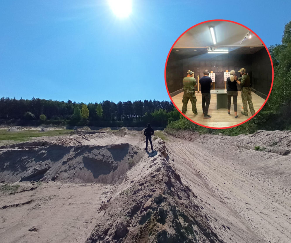 Puste wyrobisko po żwirowni w pełnym słońcu. Na miniaturowym zdjęciu obok szkolenie strzeleckie. O sporze w SE.