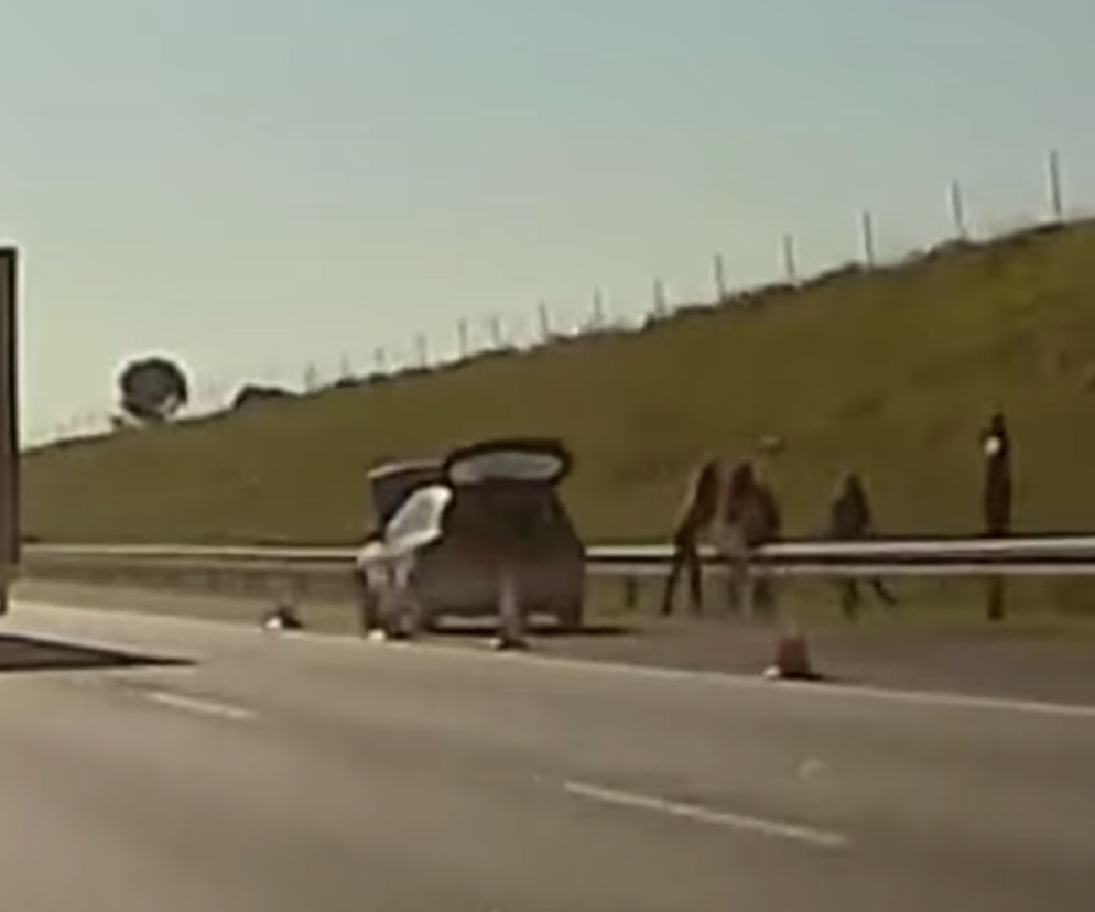 Rodzina gra w siatkówkę na autostradzie