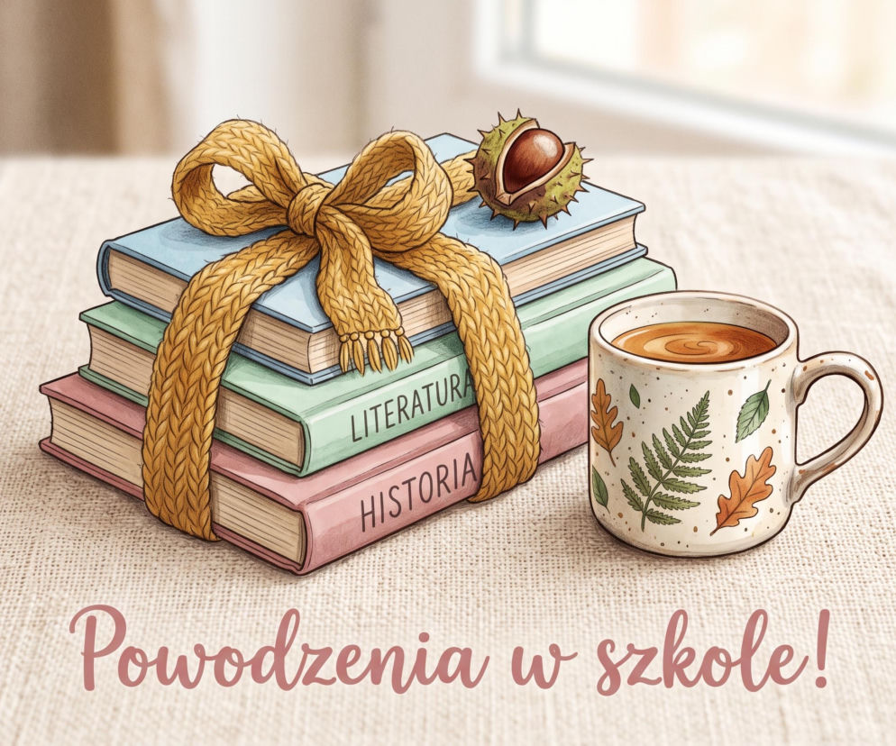 Stos książek przewiązany żółtym szalikiem, obok kubek z herbatą i kasztan. O grafikach na start szkoły czytaj w Eska.