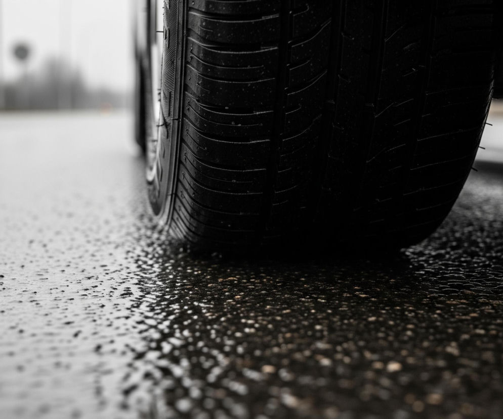 Duże, czarne koło samochodu dominuję prawą stronę zdjęcia, ukazane jest z perspektywy nisko nad ziemią. Opona ma widoczne, głębokie rowki bieżnika, a jej powierzchnia jest mokra, z licznymi drobnymi kropelkami wody. Pod oponą i w lewej części kadru rozciąga się mokra asfaltowa nawierzchnia, na której odbija się światło, tworząc lśniące plamy. W tle, poza ostrością, widoczny jest niewyraźny krajobraz z drzewami i niebieskim znakiem drogowym.