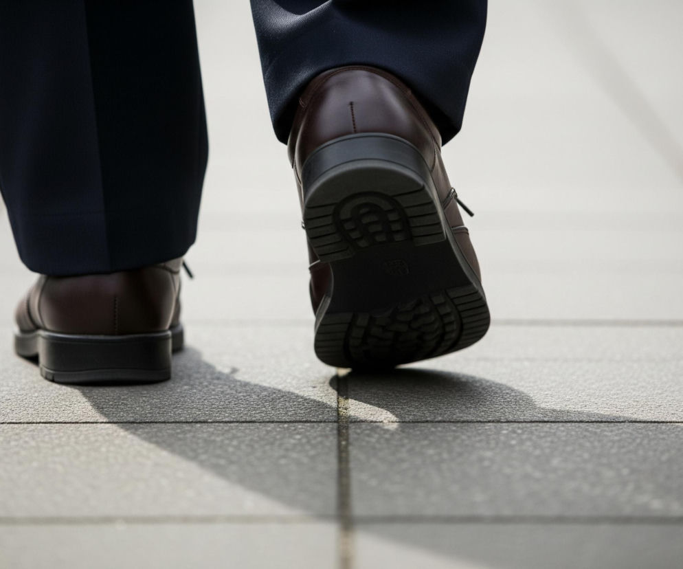 Widoczne są nogi osoby w ciemnych spodniach i brązowych butach, kroczącej po chodniku wyłożonym szarymi, kwadratowymi płytami. Lewa stopa spoczywa na ziemi, a prawa, uniesiona, jest uchwycona od tyłu, z wyraźnie widoczną czarną, karbowaną podeszwą. Słońce rzuca długie cienie na chodnik, tworząc kontrast między jasnymi i ciemnymi obszarami.