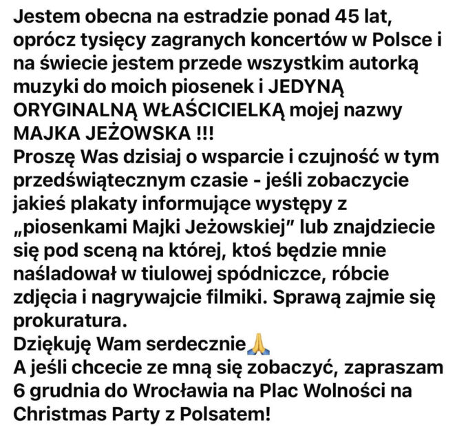 Majka Jeżowska oświadczenie
