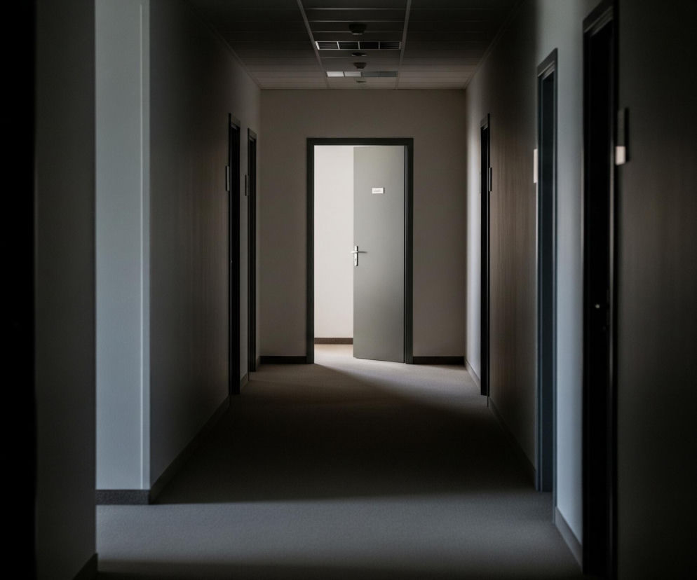 Długi, wąski korytarz rozciąga się w głąb obrazu, prowadząc do lekko uchylonych drzwi na końcu, przez które wpada jasne światło. Po obu stronach korytarza widoczne są zamknięte drzwi, z których niektóre są zaciemnione i mniej wyraźne, tworząc wrażenie głębi i perspektywy. Podłoga pokryta jest szarym dywanem, a ściany i sufit utrzymane są w podobnych, stonowanych odcieniach, z panelem sufitowym z widocznymi kratkami wentylacyjnymi i punktami świetlnymi.