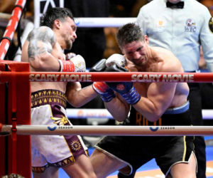 Ukraine's Oleksandr Usyk throws a flurry of punches at Netherlands' Rico Verhoeven