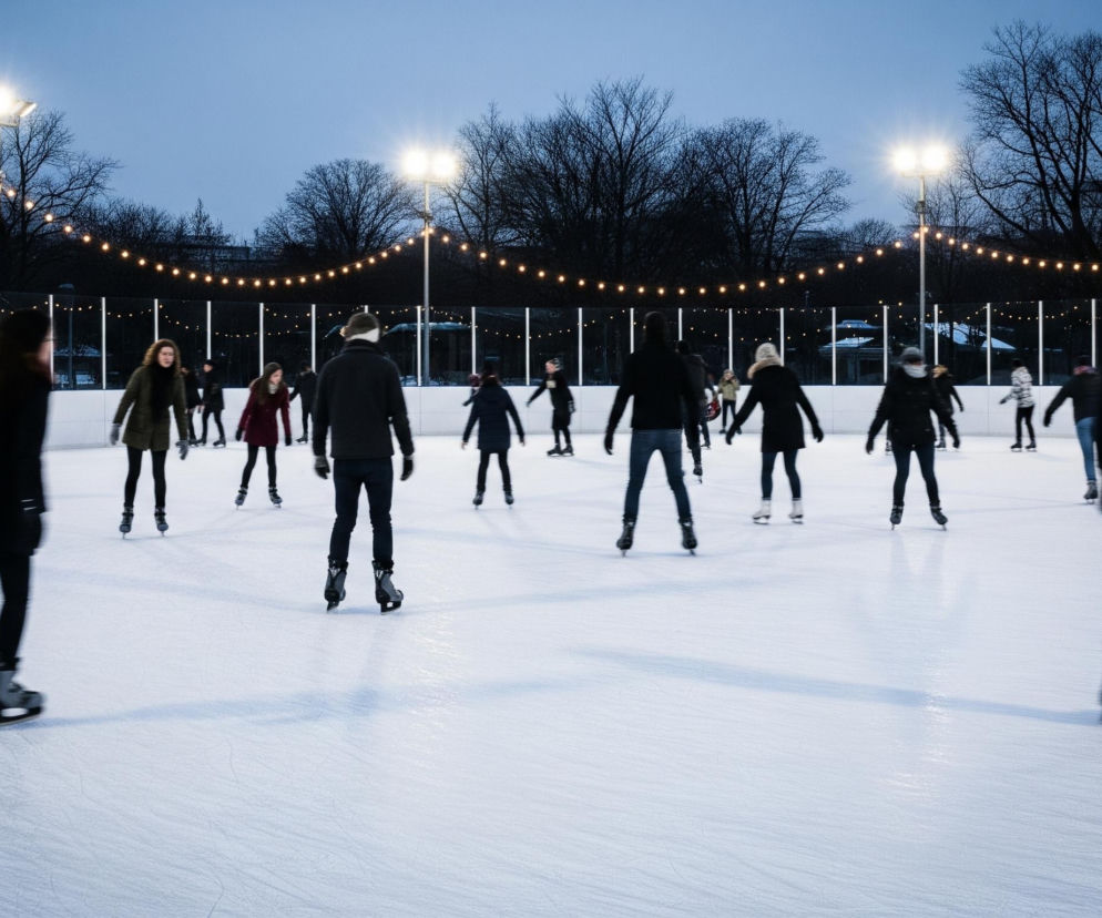 Lodowisko, na którym jeździ grupa ludzi. Wszyscy ubrani są w zimowe, ciemne ubrania, takie jak kurtki i płaszcze, z wyjątkiem jednej osoby w zielonej kurtce i innej w czerwonej kurtce. Niebo jest ciemne, granatowe, sugerując wieczór lub wczesny zmierzch. Lodowisko jest dobrze oświetlone przez kilka jasnych lamp umieszczonych na wysokich słupach oraz przez wiszące girlandy z ciepłymi, żółtymi żarówkami, które rozciągają się przez całą szerokość kadru. W tle widać ciemne, nagie drzewa, a także fragmenty ogrodzenia lodowiska.