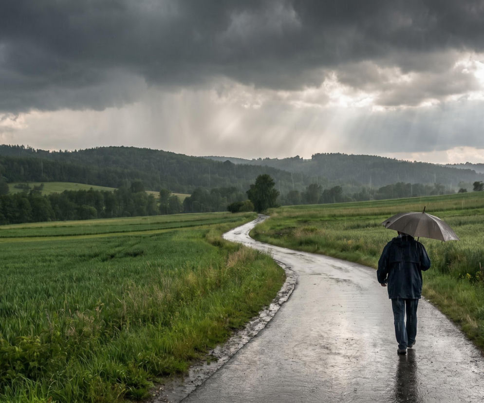 Osoba z parasolem idzie mokrą drogą wśród pól. Nad nimi ciemne chmury. O deszczu i burzach przeczytasz w Eska.
