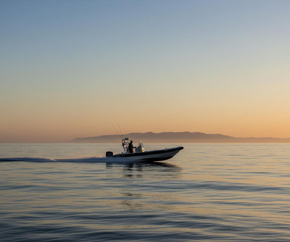 Motorówka z jednym mężczyzną płynie po spokojnej wodzie w stronę prawej krawędzi obrazu, pozostawiając za sobą biały ślad piany. Łódź ma biało-czarne boki, silnik na rufie i wyraźnie widoczne wędki. Horyzont przecina pas wzgórz lub gór, a nad nim rozciąga się niebo, które stopniowo zmienia kolor od błękitu na górze do jasnego pomarańczu przy horyzoncie.