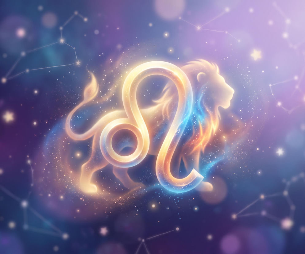 Świecący symbol zodiakalnego Lwa na tle sylwetki lwa i gwiazd. O horoskopie dziennym dla Lwa przeczytasz w serwisie Eska.