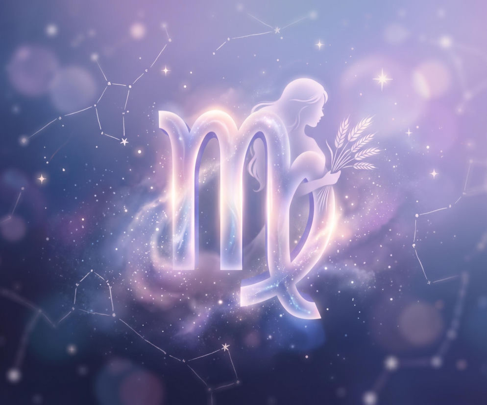 Świecący symbol zodiaku Panny na tle gwieździstego nieba z sylwetką kobiety. O horoskopie przeczytasz na Eska.