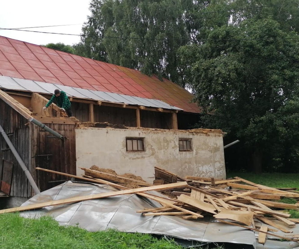 Mężczyzna w kraciastej koszuli pracuje przy rozbiórce dachu starej chyży. O remoncie domu przeczytasz na Muratordom.