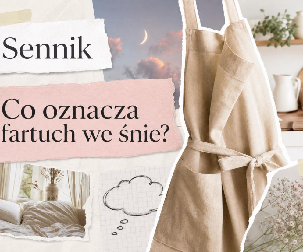Beżowy fartuch kuchenny na tle sypialni i nieba z księżycem. O znaczeniu snu o fartuchu przeczytasz na SE.