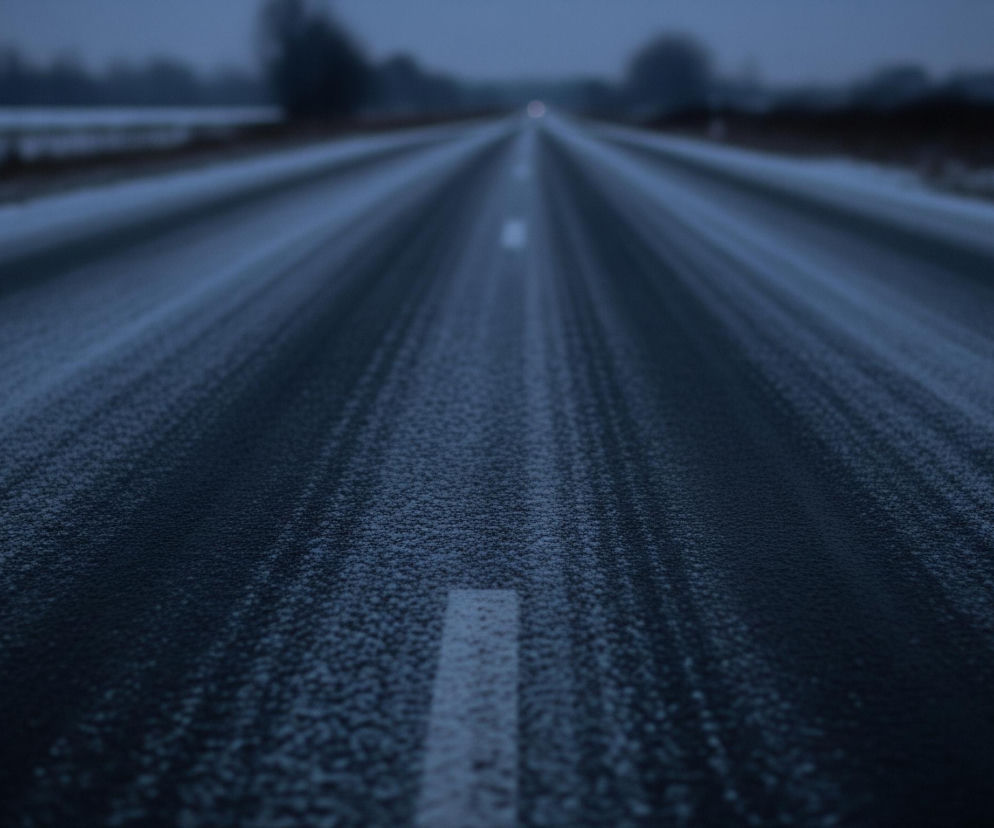Długa, prosta droga rozciąga się w głąb obrazu, pokryta cienką warstwą szronu lub śniegu, co nadaje jej chłodny, ciemnoniebieski odcień. Pośrodku drogi widoczne są przerywane białe linie, z których najbliższa jest wyraźna, a dalsze stają się coraz mniej ostre, zlewając się w dal. Po obu stronach drogi rozciągają się pola, również lekko pokryte śniegiem, a w oddali widać zarysy ciemnych drzew i krzewów pod zachmurzonym, szarym niebem, z niewielkim, niewyraźnym punktem światła w oddali, przypominającym reflektor.
