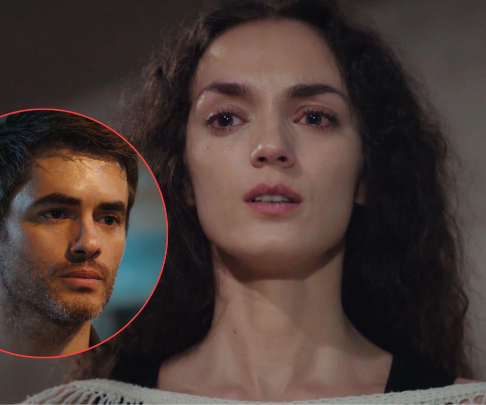 Zrozpaczona Nana z serialu Dziedzictwo z wilgotnymi oczami, patrząca w dal, a w lewym dolnym rogu na okrągłym wycinku kadru poważny Poyraz z zarostem. Ta grafika ilustruje dramatyczną decyzję Nany o oddaniu się w ręce Trucizny, co czytelnicy Super Seriale mogą śledzić w kolejnych odcinkach.