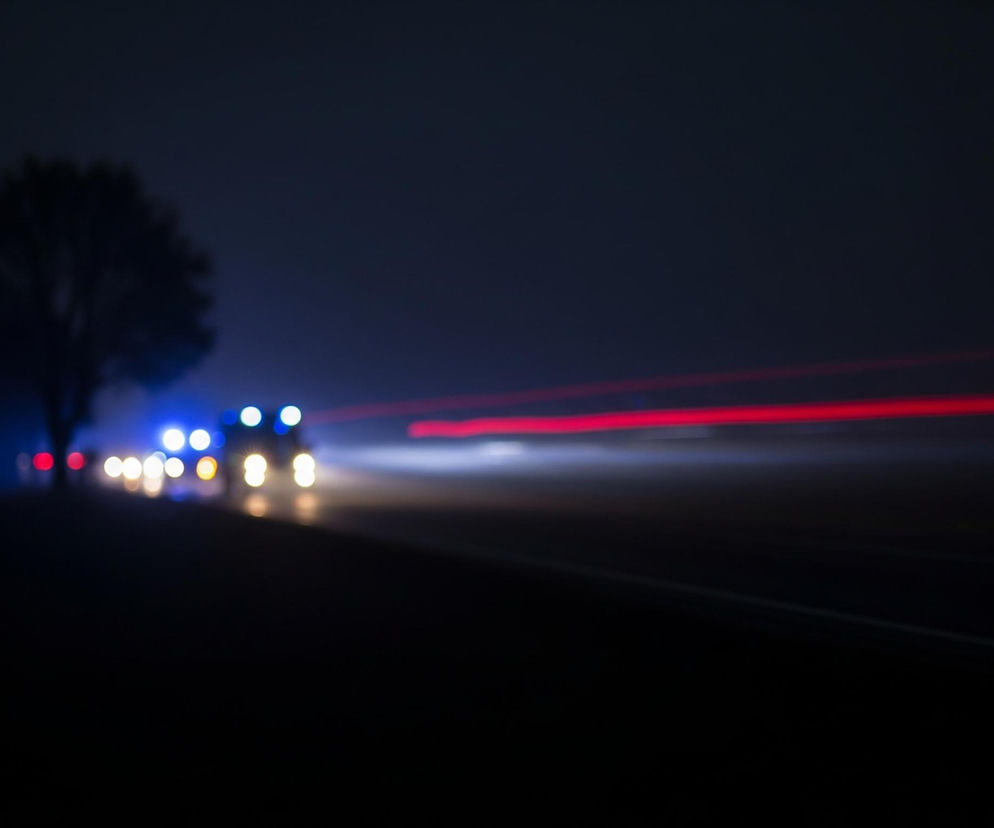 Ciemne otoczenie nocne, rozmyte światła pojazdów mknących po drodze. Na lewo widoczny jest ciemny, rozmazany zarys drzewa. W tle po lewej stronie, za drzewem, widoczne są niebieskie i czerwone, rozmyte światła, przypominające lampy alarmowe. Centralnie na obrazie, w oddali, znajdują się jasne, rozmazane światła przednie pojazdów, tworzące smugi światła. Prawa strona obrazu zdominowana jest przez długie, poziome, rozmyte smugi czerwonego światła, pochodzące prawdopodobnie od świateł tylnych lub lamp stopu pojazdów, a poniżej nich, ledwo widoczne, są smugi światła o jaśniejszej, nieco niebieskawej barwie.