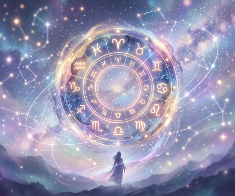 Kobieta na tle gór patrzy na świetlisty krąg z symbolami zodiaku na niebie. O horoskopie przeczytasz na VOX FM.