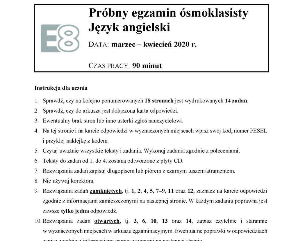 Probny egzamin ósmoklasisty 2020 angielski