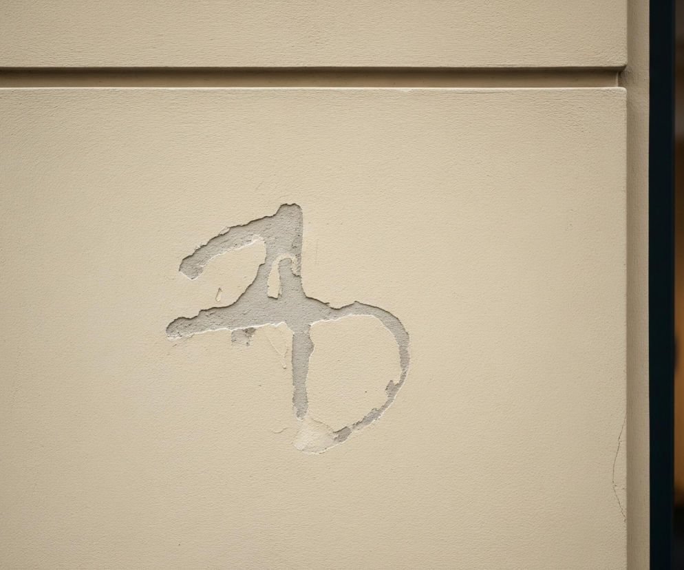 Na beżowej, strukturalnej ścianie widoczny jest szary ubytek tynku w kształcie litery „h” lub cyfry „4”. Nad ubytkiem biegną dwie poziome, równoległe, beżowe listwy, oddzielone wąską szczeliną. Po lewej i prawej stronie ściany, w oddali, rozmyte tło tworzą ciemne, prostokątne obszary, sugerujące odbicia lub okna, z delikatnymi, brązowymi akcentami.