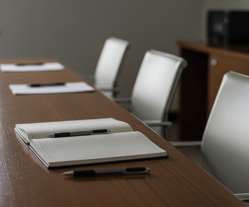 Długi, drewniany stół z widocznym usłojeniem zajmuje centrum kadru, rozciągając się od lewego dolnego rogu ku górze i prawej stronie, dominując na pierwszym planie. Na nim leży otwarty notes w kratkę, a na jego prawej stronie spoczywa metalowy długopis z czarnymi elementami. Dalej, na stole widać trzy kolejne, zamknięte notesy z długopisami, rozmieszczone w równych odstępach. Po prawej stronie stołu ustawione są trzy nowoczesne krzesła z jasnoszarą, błyszczącą tapicerką i metalowymi ramami, z których jedno jest w całości widoczne na pierwszym planie po prawej. Tło jest rozmyte, widoczne jest okno po lewej stronie oraz ciemniejsza, drewniana szafka po prawej.