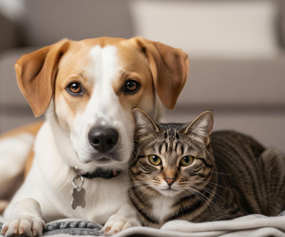 Pies i kot leżą obok siebie na białym, puszystym kocu z szarymi wzorami. Pies, o brązowo-białym futrze, z czarnym nosem i brązowymi oczami, spogląda prosto w obiektyw. Na jego szyi widoczna jest czarna obroża z metalową, pustą zawieszką w kształcie kości. Obok niego, z prawej strony, leży kot o pręgowanym, brązowo-czarnym futrze z białym podbródkiem i zielonymi oczami, również patrzący przed siebie. Tło jest rozmyte, utrzymane w neutralnych szaro-beżowych tonacjach.