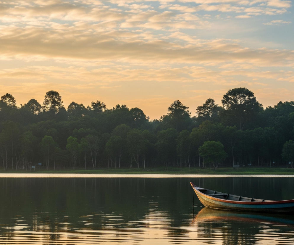 Na pierwszym planie, w dolnej części obrazu, na spokojnej tafli wody jeziora unosi się łódź. Jest to długa, wąska łódź z wysokim dziobem i rufą, pomalowana na ciemny kolor z czerwonawym wykończeniem krawędzi i niebieskim pasem poniżej. Woda odbija delikatne, poziome fale światła, a refleksy rozciągają się w kierunku prawego dolnego rogu.

W tle, za jeziorem, widoczny jest gęsty las liściastych drzew, o ciemnozielonych koronach, które tworzą równą linię na horyzoncie. Nad lasem rozciąga się niebo pokryte chmurami. Chmury mają barwę pomarańczowo-złotą przechodzącą w błękit ku górze, co sugeruje wschód lub zachód słońca.
