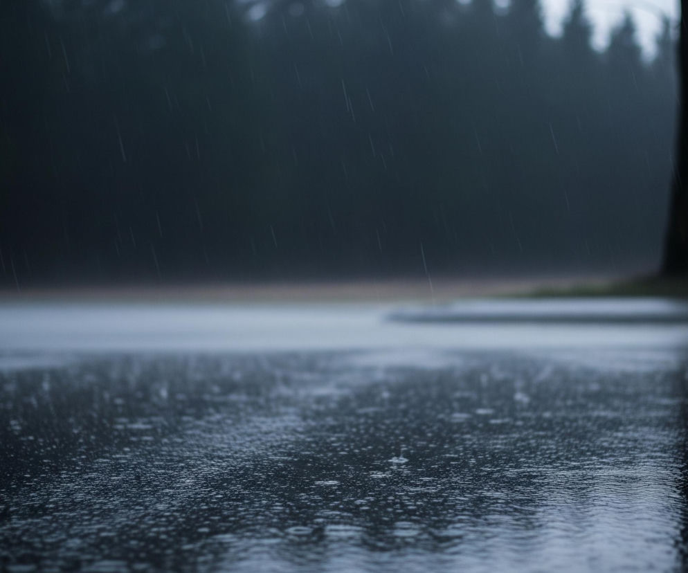 Pierwszy plan wypełnia ciemna, mokra nawierzchnia pokryta licznymi kroplami deszczu i drobnymi zmarszczkami na wodzie, co sugeruje intensywne opady. W tle, na wysokości horyzontu, widoczny jest ciemny las lub zalesiony teren, a po prawej stronie kadru, wyłania się czarny pień drzewa, rozmyty i pozbawiony liści. Całość utrzymana jest w chłodnych, ciemnych odcieniach szarości, błękitu i czerni, tworząc ponury, deszczowy nastrój.