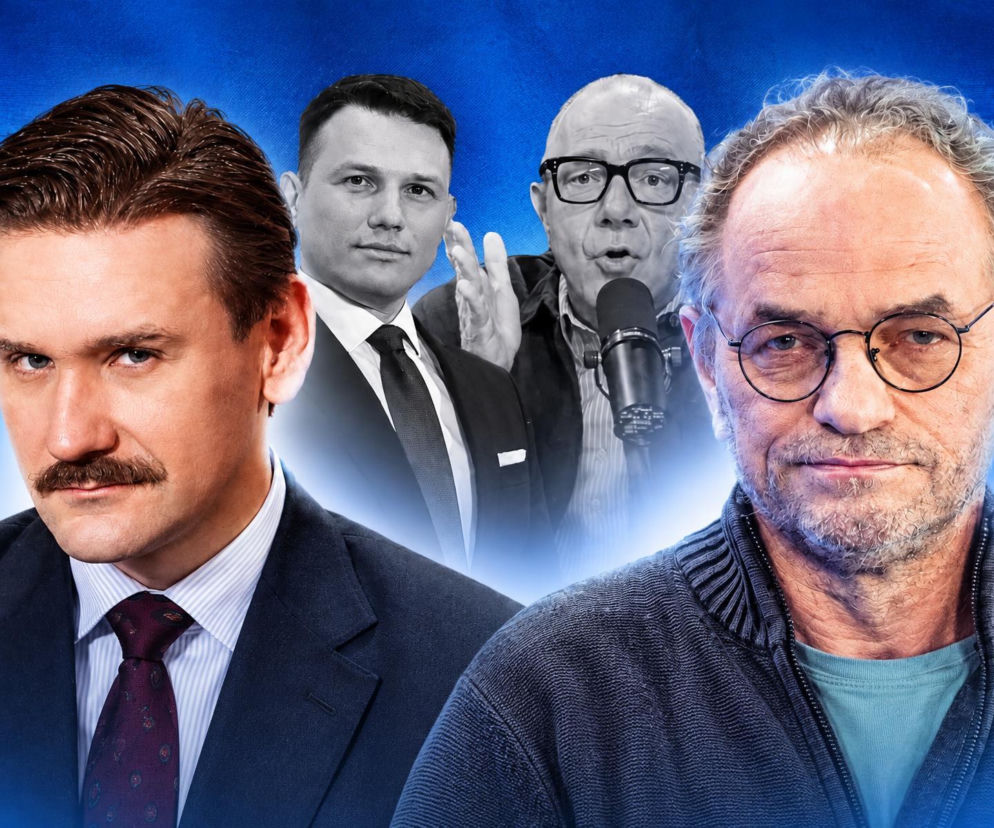 Publicysta Jakub Dymek i Piotr Najsztub. W tle Sławomir Mentzen i Jerzy Owsiak. O infantylizacji pisze SE Polityka.