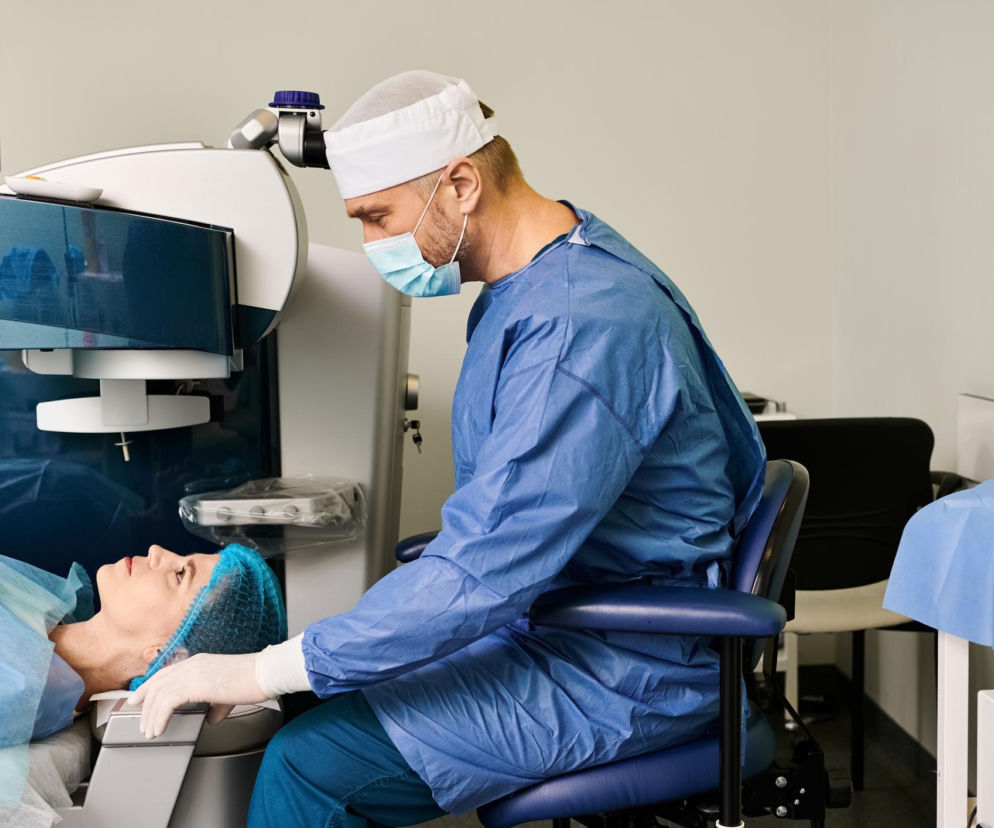 Lekarz okulista w masce operacyjnej i czepku, ubrany w niebieski strój medyczny, wykonujący laserową korekcję wzroku u pacjentki leżącej na stole operacyjnym. Sprzęt do laserowej korekcji wzroku i pacjentka z czepkiem na głowie, gotowa do zabiegu. O wskazaniach i przeciwwskazaniach do zabiegu przeczytasz na Poradnik Zdrowie.
