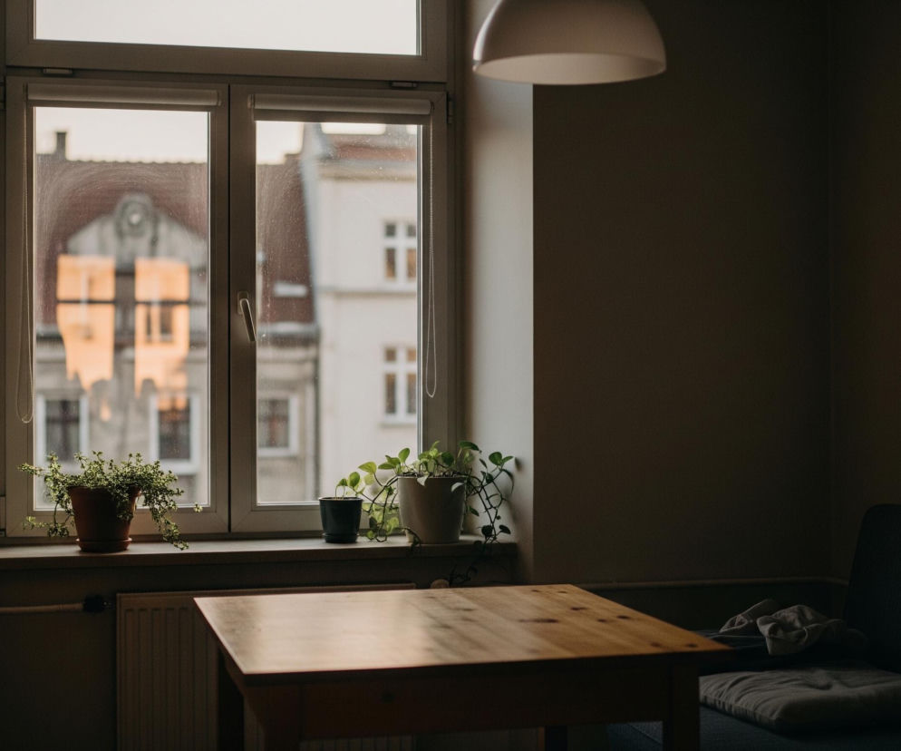 Wnętrze pomieszczenia z centralnie umieszczonym drewnianym stołem, którego jasny blat odbija światło wpadające przez duże, białe okno. Na parapecie okna stoją trzy doniczkowe rośliny o zielonych liściach, a za oknem widać fragmenty budynków z oknami, w których odbija się pomarańczowe światło. Po lewej stronie stołu znajduje się regał z książkami i zwisająca roślina, natomiast po prawej stoi ciemna kanapa z jasną poduszką i złożonym kocem. Nad kanapą na ścianie wisi prostokątny obraz w ciemnej ramie, a u góry obrazu widoczna jest jasna, okrągła lampa sufitowa.