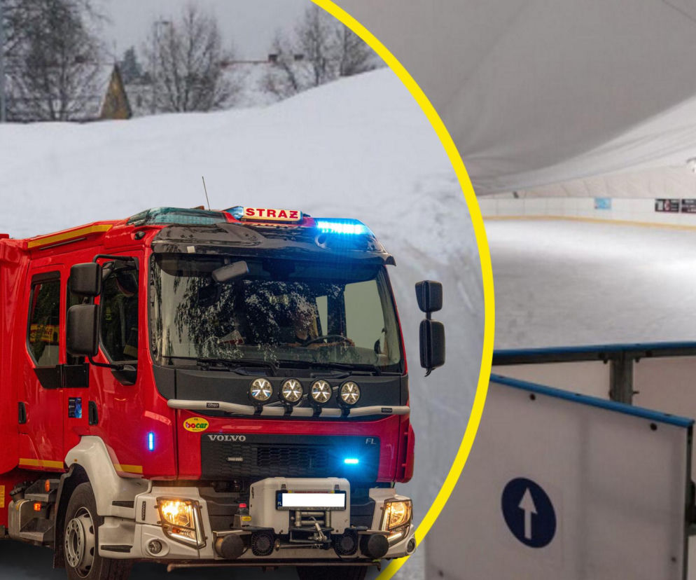 Chwile grozy na lodowisku. Pod naporem śniegu zapadł się dach!