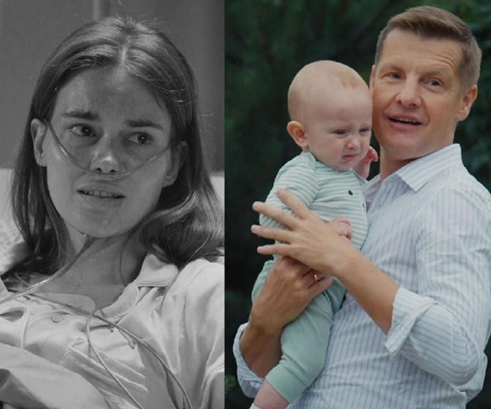 Podzielone zdjęcie: po lewej stronie Dominika Kachlik jako Franka w szpitalu z rurką tlenową w nosie, po prawej uśmiechnięty Rafał Mroczek jako Paweł trzymający na rękach Marka Myronenkę jako Antosia. Artykuł na Super Seriale omawia, kto pomoże Pawłowi wychować Antosia po śmierci Franki.