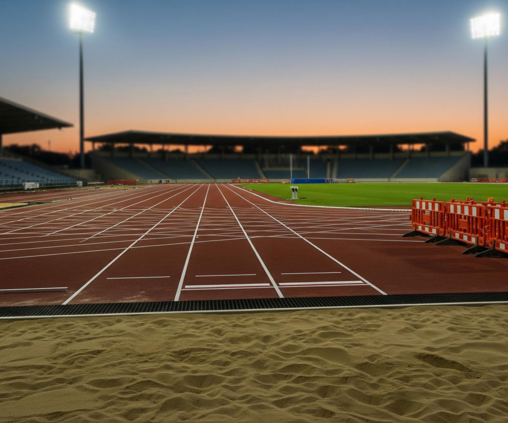 Piaszczysta skocznia w dal znajduje się na pierwszym planie, z piaskiem usypanym w nieregularne wzory i otoczonym białą ramą. Za skocznią rozciąga się bordowa bieżnia z białymi liniami torów, a obok niej zielona trawiasta płyta stadionu. W tle widoczne są trybuny z niebieskimi siedzeniami, zadaszone w niektórych sekcjach, oraz rozświetlone jupiterami maszty, a niebo zmienia barwę od pomarańczowego horyzontu do błękitu u góry.