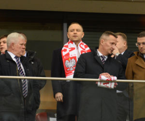 Karol Nawrocki na meczu Polska - Albania