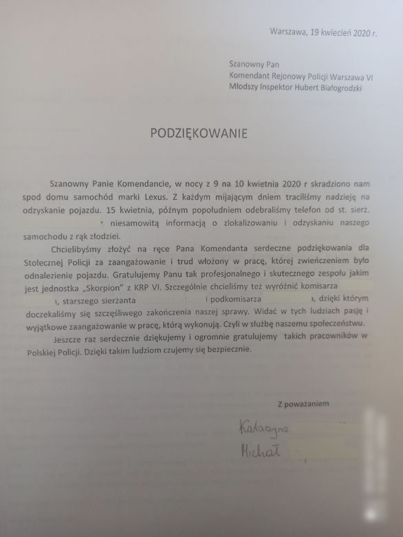 SCORPION odzyskał Lexusa. Właściciele dziękują!