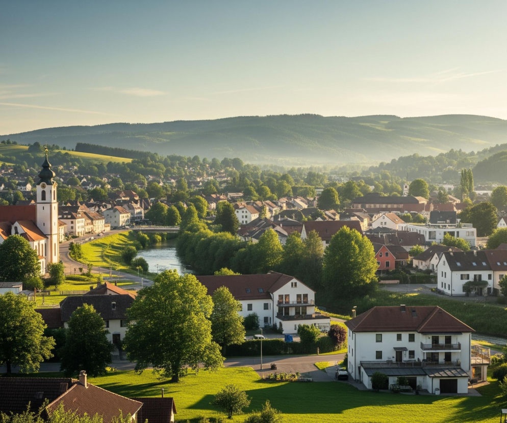 Miasto rozpościera się w dolinie oświetlonej ciepłym, złotym światłem, z rzeką wijącą się przez jego centrum, wokół której rosną liczne drzewa. Dominującym elementem w lewej części kadru jest duży biały kościół z wysoką, ciemną wieżą i zegarem, otoczony mniejszymi budynkami z czerwonobrązowymi dachami. W tle wznoszą się zielone, falujące wzgórza i pasma górskie, częściowo spowite delikatną mgłą, a niebo jest czyste z jasnoniebieskim odcieniem przechodzącym w jaśniejsze tony przy horyzoncie.