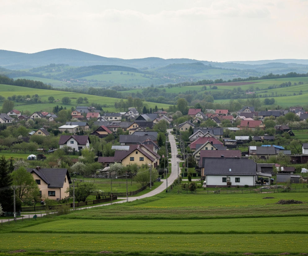 W centrum kadru rozciąga się wiejska miejscowość z domami jednorodzinnymi o jasnych elewacjach i dachach w odcieniach czerwieni, szarości i brązu, otoczona zielonymi polami i drzewami w pełnym rozkwicie. Węższa asfaltowa droga wije się przez środek miejscowości, prowadząc pod górę, a w tle majaczą liczne, porośnięte lasami pagórki i góry w kolorze błękitno-zielonym, zanikające w jaśniejszym, lekko zachmurzonym niebie. Na pierwszym planie dominują intensywnie zielone pola uprawne, gdzieniegdzie usiane żółtymi kwiatami.