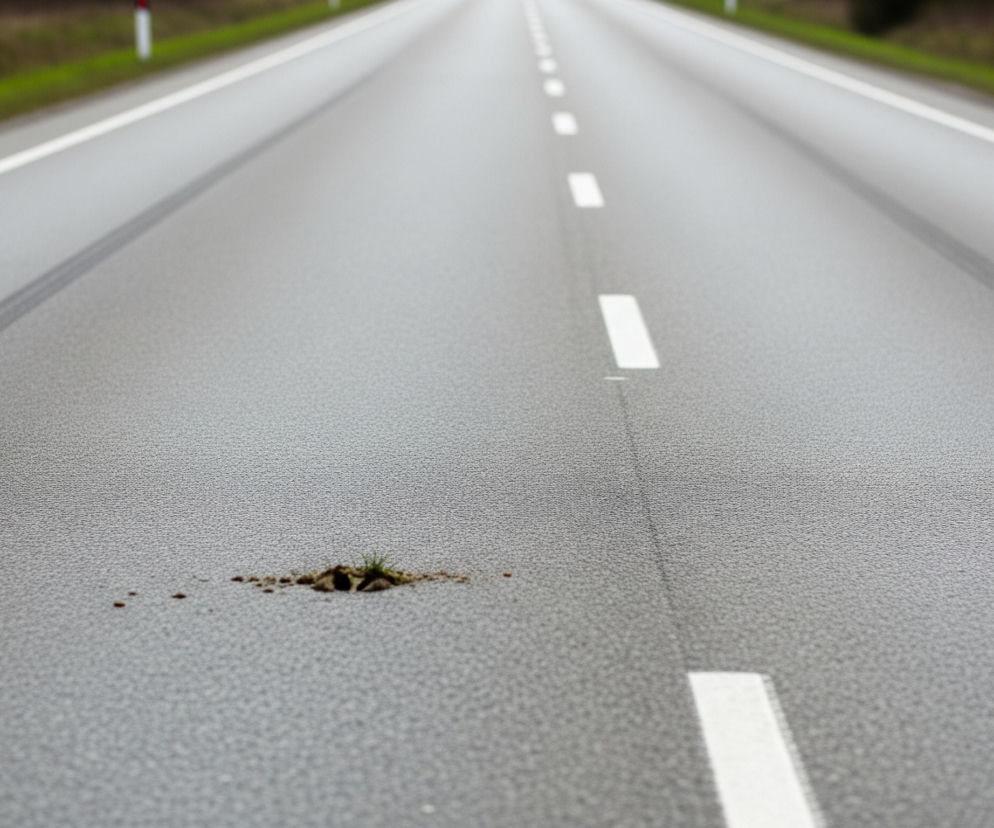 Szosa o dwóch pasach ruchu, pokryta szarym asfaltem, rozciąga się prosto w dal i zanika w oddali. Na jej nawierzchni, po lewej stronie, widoczne są dwa ciemne ślady opon, a w centrum znajduje się niewielka, nieregularna plama ziemi z kępką zielonej trawy. Drogę wyznaczają białe, przerywane linie, które zbiegają się w punkcie perspektywicznym, oraz ciągłe białe linie na poboczach, za którymi rozciąga się zielony pas trawy i brązowy, niewyraźny teren.