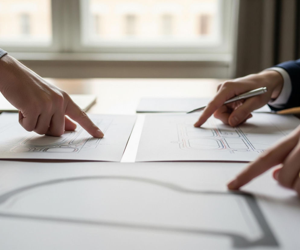 Trzy osoby w marynarkach, w jasnych koszulach, siedzą przy drewnianym stole, wskazując palcami na rozłożone białe kartki z narysowanymi, czarnymi i czerwonymi, schematycznymi planami. Jedna z osób w prawej części kadru trzyma w prawej ręce srebrny długopis. W tle, za stołem, widać okno z jasnymi, pionowymi szprosami, przez które wpada światło.