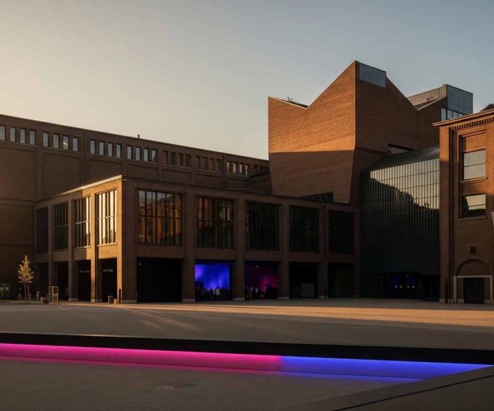 Rozległy dziedziniec z geometrycznym, ciemnym zbiornikiem wodnym zajmuje dolną część kadru. Woda w zbiorniku odbija intensywne, neonowe światła: fioletowe po lewej i niebieskie po prawej stronie. Za dziedzińcem rozpościera się kompleks budynków z cegły, o zróżnicowanej architekturze, dominując brązowo-pomarańczowymi barwami w ciepłym świetle zachodzącego słońca. Niektóre okna budynków są oświetlone od wewnątrz lub odbijają słońce, a w otwartych przejściach widoczne są grupy ludzi stojących w świetle niebieskim i fioletowym.
