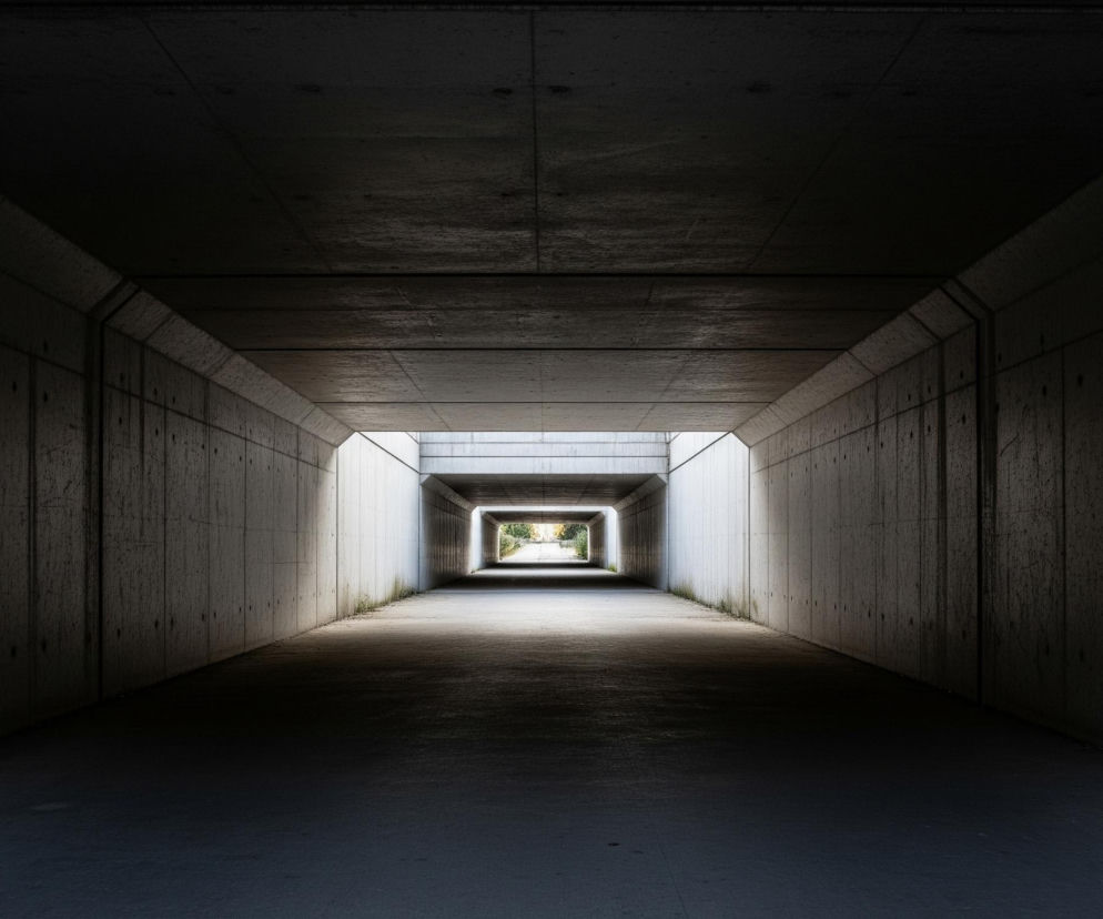 Ciemny tunel wykonany z betonu architektonicznego, ujęty od wewnątrz i z przodu. Dominują szare odcienie betonu, z jaśniejszym obszarem w dalszej perspektywie, gdzie tunel się kończy, ukazując niewielki fragment zieleni i światła dziennego. Ściany i sufit tunelu są proste i gładkie, z widocznymi poziomymi i pionowymi łączeniami płyt, a na podłodze leży cień rzucany przez ściany.